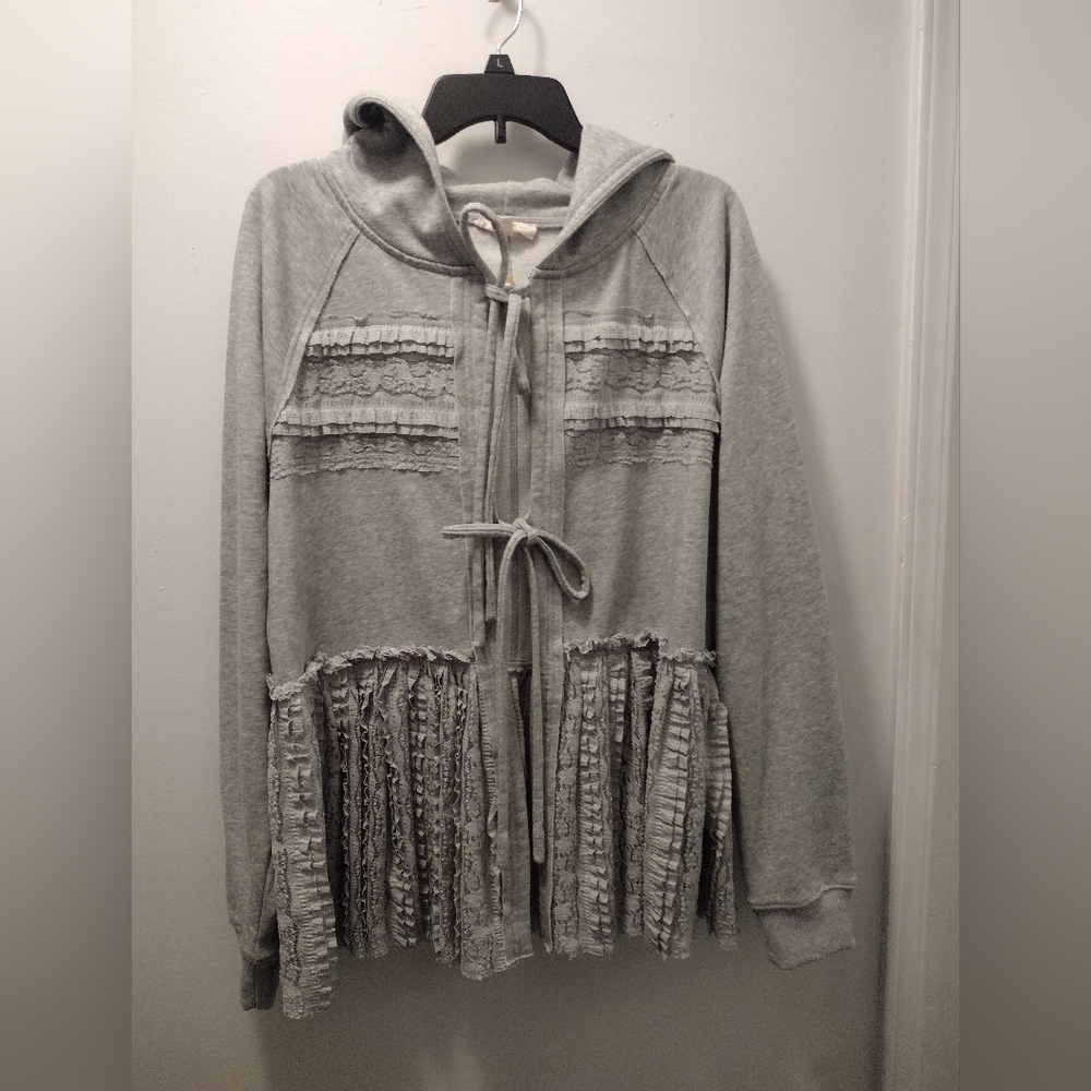 easel Gray Ruffle Fringe Hoodie Cardigan